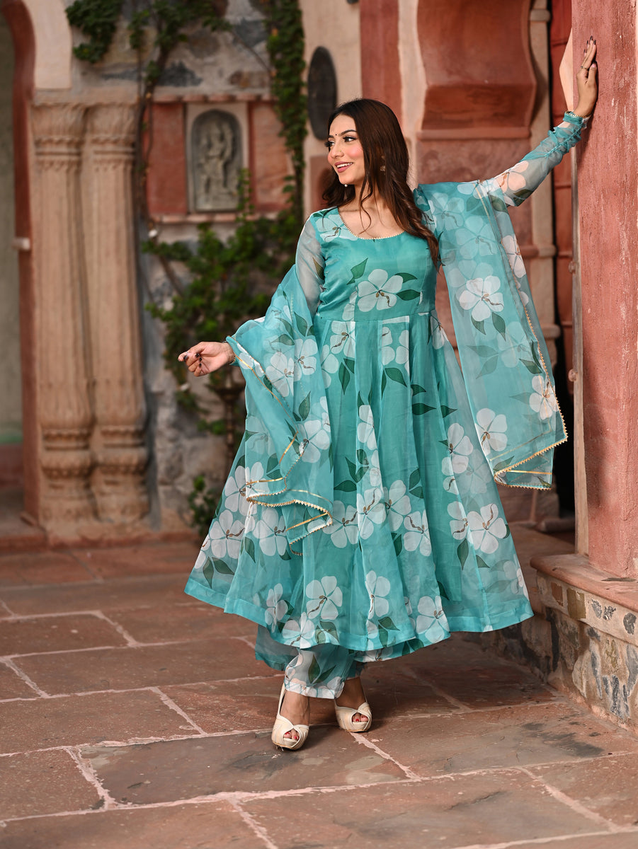 GREEN FLORAL PRINTED ORGANZA ANARKALI SUIT SET